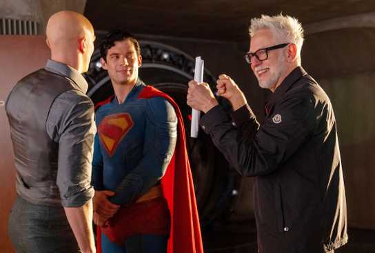 James Gunn directing David Corenswet and Nicholas Hoult in Superman